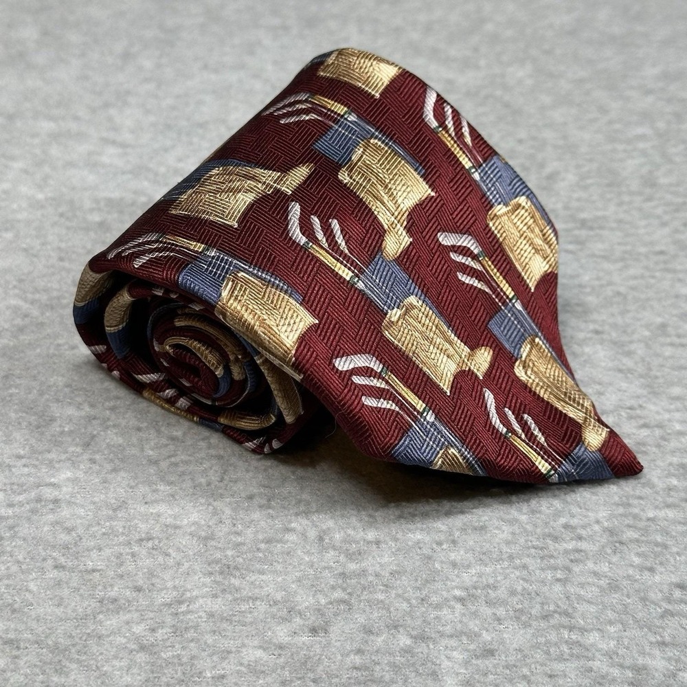 Vintage Wembley Burgundy Gold Abstract Pattern Wide Polyester Necktie Made 1970s